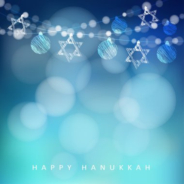 Jewish holiday Hannukah greeting card with garland of lights and jewish stars, vector clipart