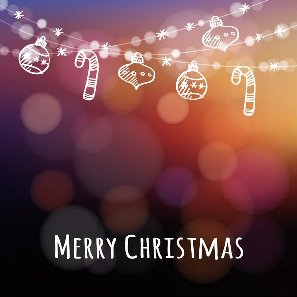 Christmas gratulationskort med krans av lampor, hand dras julgranskulor, polkagrisar, vektor — Stock vektor