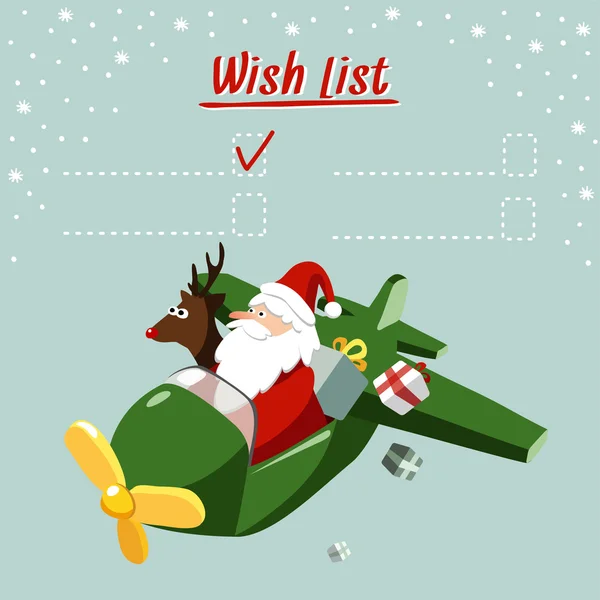 Linda tarjeta de Navidad, lista de deseos con Santa Claus y renos volando el avión, vector — Vector de stock