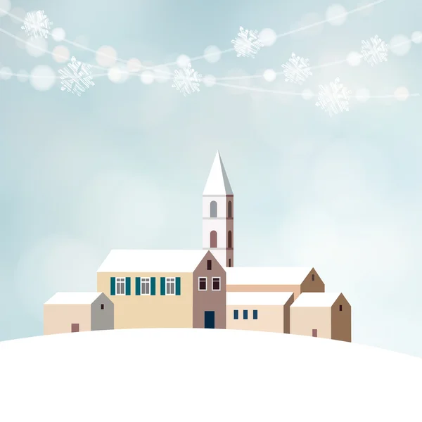 Tarjeta de felicitación navideña con paisaje nevado de invierno, pequeño pueblo con iglesia y luces, vector — Vector de stock