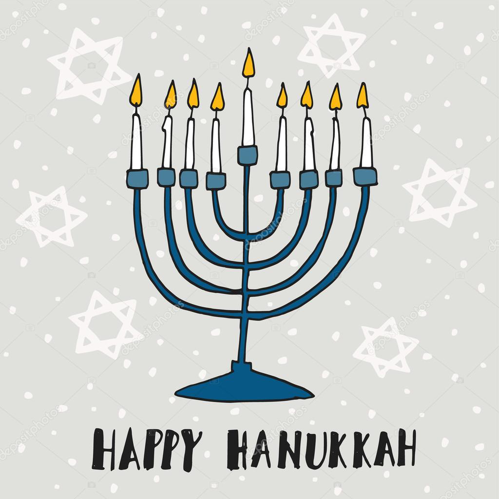 Cute Hanukkah greeting card, invitation with hand drawn menorah, vector