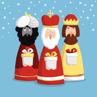 Cute Christmas greeting card, invitation with three kings, flat design, vector illustration clipart