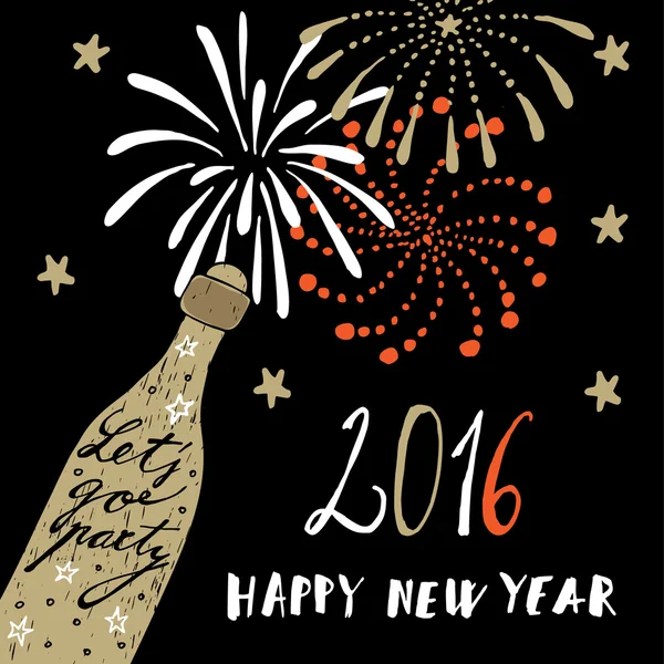 Cute hand drawn New Year 2016 greeting card with champagne bottle and fireworks, vector — Stock Vector