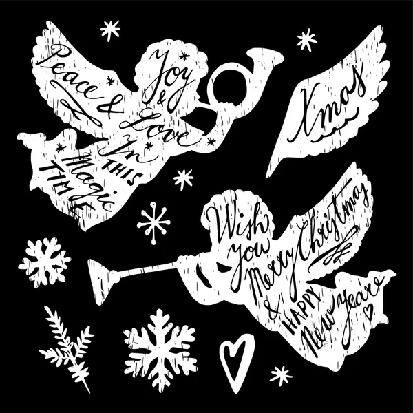 Ensemble d'illustrations de Noël dessinées à la main à la craie, anges et flocons de neige, vecteurs isolés — Image vectorielle