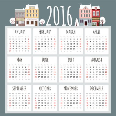 Sevimli Noel, yeni yıl 2016 kartı ile kış evleri, takvim, vektör