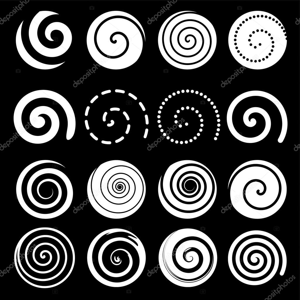 Set of spiral motion elements, white isolated objects, vector