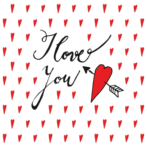 I love you, Valentines day or wedding card with handwritten text and hearts, vector — Stock Vector