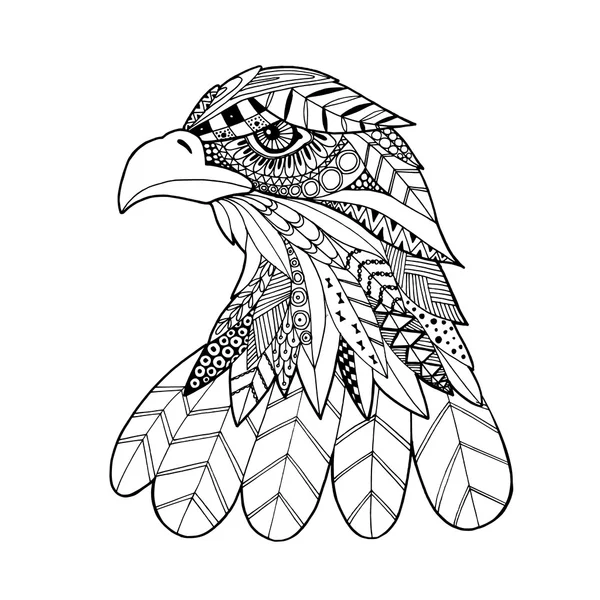 Zierkopf des Adlervogels, trendige ethnische Zentangle-Darstellung, handgezeichneter Vektor — Stockvektor