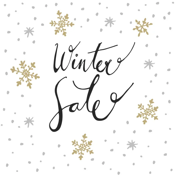 Winter sale background with handwritten text and doodle snowflakes, vector — Stock Vector