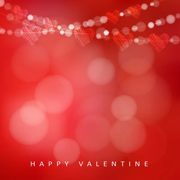 Открытка на день Святого Валентина с гирляндой из огней и сердец, векторная иллюстрация — стоковый вектор