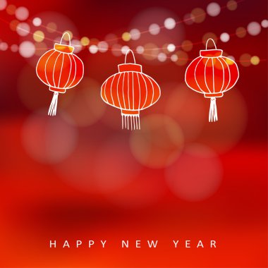 Chinese new year card with hand drawn paper lanterns and lights, vector clipart