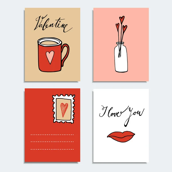 Jeu de jolies cartes de Saint Valentin dessinées à la main, vecteurs isolés — Image vectorielle