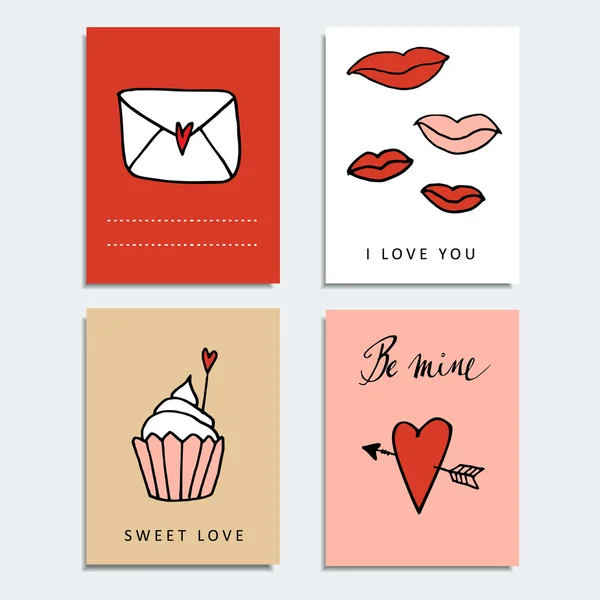 Sevimli dizi el çekilmiş Sevgililer günü kartları, izole vektörel çizimler — Stok Vektör