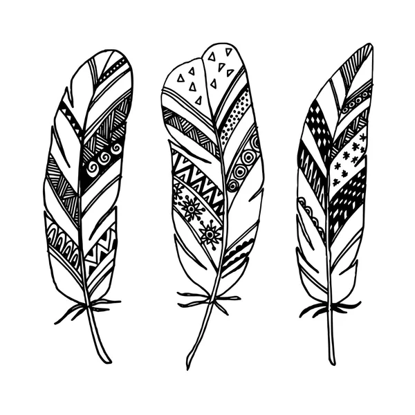 Set of hand drawn  ornamental feathers, line art, zentangle inspired vectors — Stock Vector