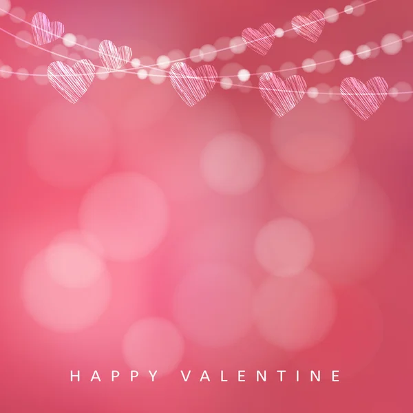 情人节卡片与花环的灯和心、 矢量 — 图库矢量图片