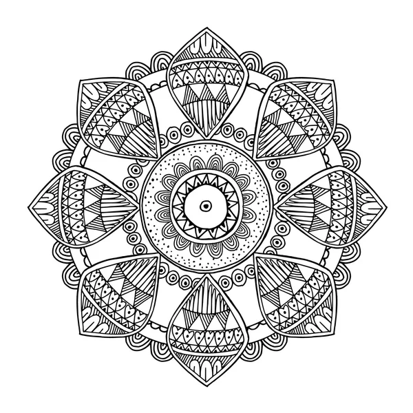 Ornamental hand drawn zentangle inspired mandala, line art, black white vector — Stock Vector
