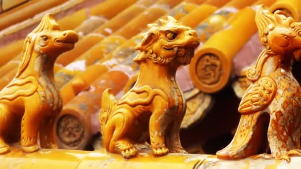 Techos decorativos con estatuas de animales en la Ciudad Prohibida, Beijing, China, cámara lenta — Vídeo de stock