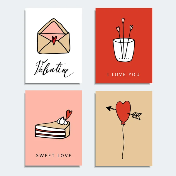 Jeu de jolies cartes de Saint Valentin dessinées à la main, vecteurs isolés — Image vectorielle