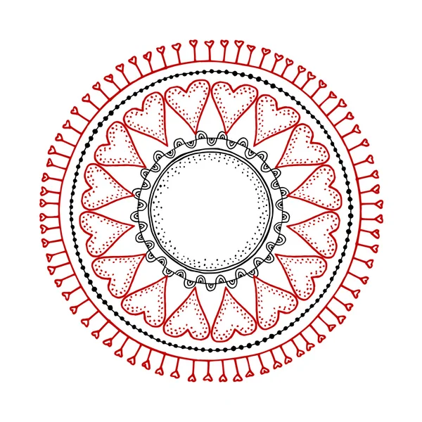 Decoratieve Valentijnsdag of bruiloft kaart met hand getrokken zentangle geïnspireerd mandala, liefde concept — Stockvector