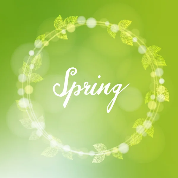 Spring background with  wreath made of leaves and bokeh lights, vector — Stock Vector