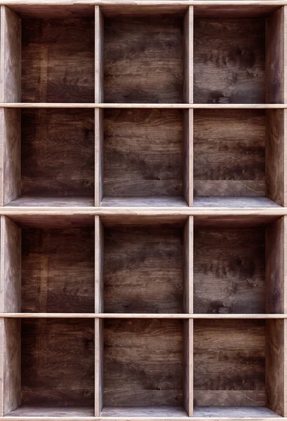 Blank wooden bookshelf, component of indastrial interior style. — Stock Photo, Image