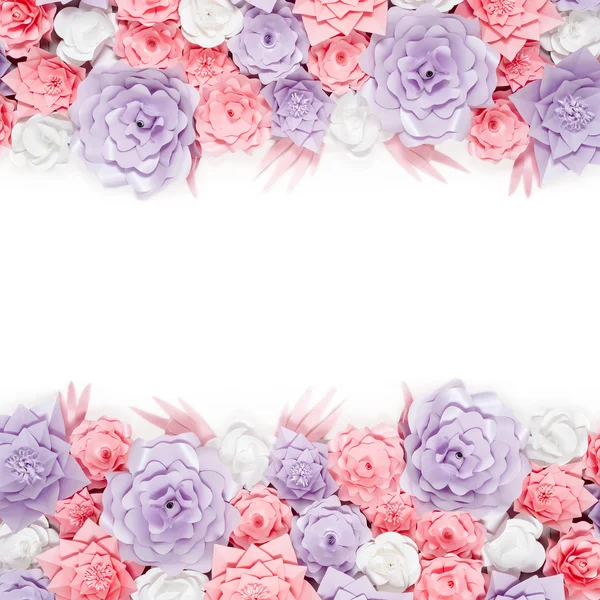 Colorful paper flowers background. Floral backdrop with handmade roses for wedding day or birthday.