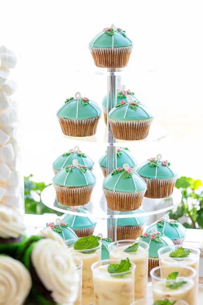 Cupcake matrimonio torre stand con torte turchesi. — Foto Stock