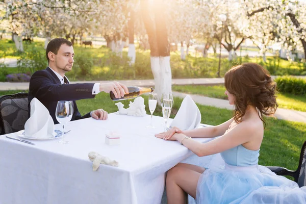 Couple drinking champagne outdoor — Stock Photo, Image