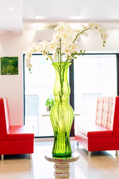 Modern design restaurang inredning i vita och röda färger med växter. — Stockfoto