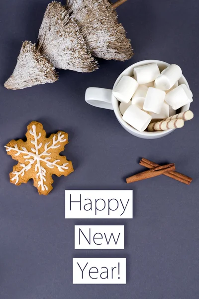Nieuwjaar en Kerstmis samenstelling met koekjes, marshmallow dessert, kaneel. — Stockfoto