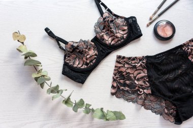 Alışveriş ve moda konsepti. Yeşil yapraklı, şık, seksi dantelli iç çamaşırları ve açık ahşap arka planda kadın aksesuarları. Giysi ve kozmetik ürünleriyle yatıyordu.