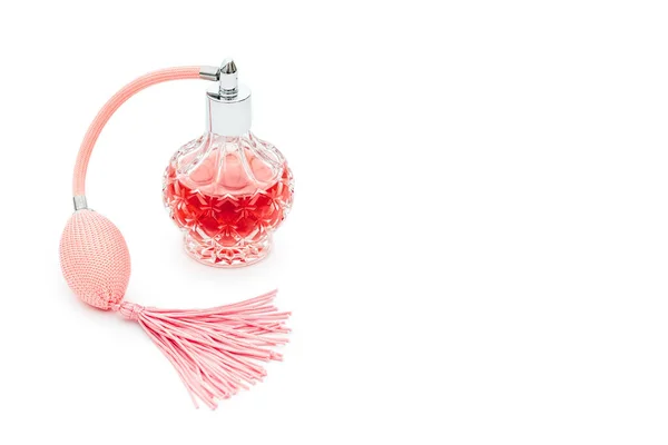 Bottiglia Profumo Rosa Sfondo Bianco Profumeria Cosmesi Collezione Profumi Copyspace — Foto Stock