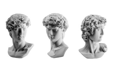David 'in kafasının alçıtaşı heykeli. Michelangelo 'nun David heykeli beyaz arka planda izole edilmiş. Antik Yunan heykeli, kahraman heykeli.