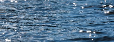 Bokeh arka planlı su. Güneş altında parlayan dalgalarla birlikte su yüzeyi. Web sitesi için pankart.