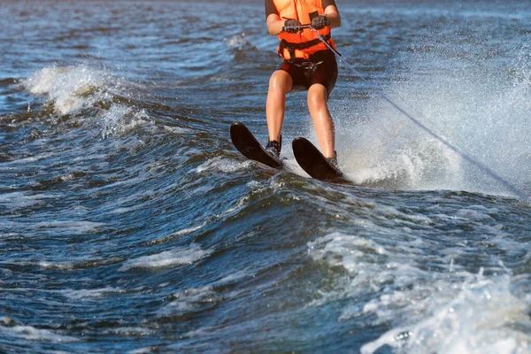 Woman Riding Water Skis Closeup Body Parts Face Athlete Water — Stock Photo, Image