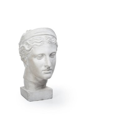 Genç kadının mermer kafası, Antik Yunan tanrıça büstü beyaz arka planda izole edilmiş metin için kopya alanı