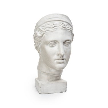 Genç bir kadının mermer kafası, antik Yunan tanrıçası beyaz arka planda büstü..