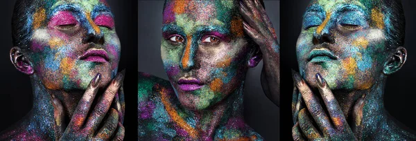 Young artistic woman in black paint and colourful powder. Glowing dark makeup. Creative body art on the theme of space and stars. Bodypainting project: art, beauty, fashion