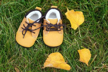 Ormanda bebek botları. Sonbahar yapraklı çocuk ayakkabıları.