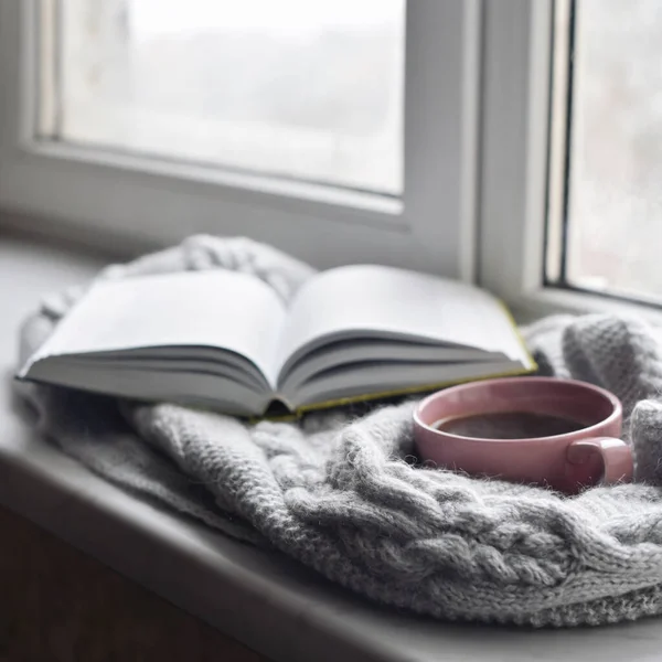 Sıcak Hayatı Bir Fincan Sıcak Kahve Dışarıdaki Kar Manzarasına Karşı — Stok fotoğraf