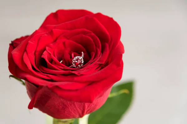 Λαμπερό Δαχτυλίδι Αρραβώνων Μέσα Στο Κόκκινο Τριαντάφυλλο Ρομαντικό Δώρο Για — Φωτογραφία Αρχείου