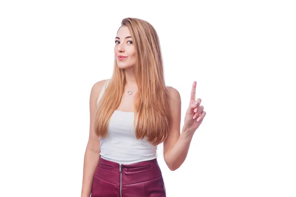 Happy Young Woman Standing Isolated White Wall Background Looking Camera — Stock Photo, Image