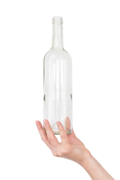 Mano Femenina Sosteniendo Botella Vidrio Vacía Aislada Blanco Residuos Reciclables — Foto de Stock