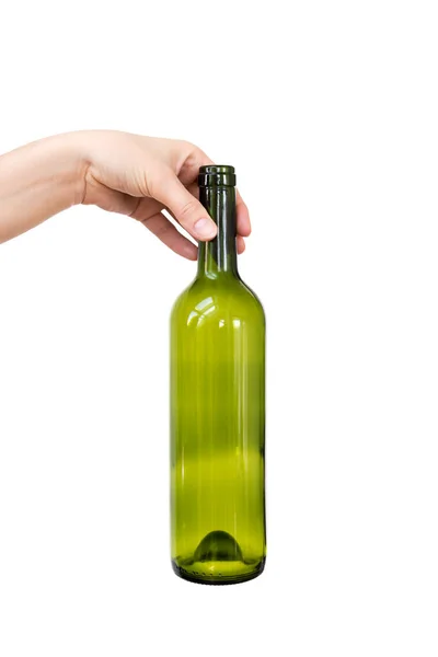Weibliche Hand Hält Leere Glasflasche Isoliert Auf Weiß Recycelbarer Abfall — Stockfoto