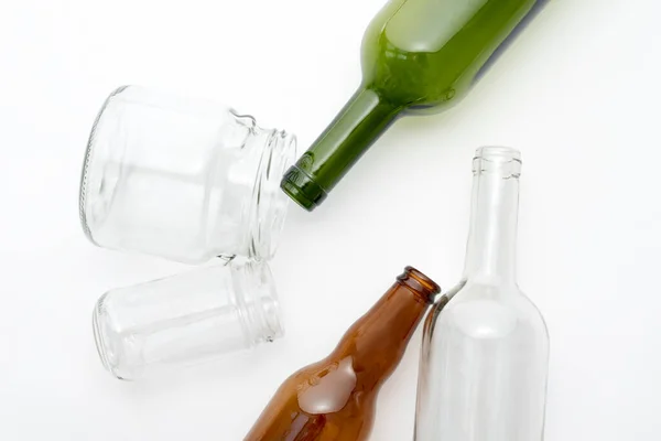 Different Types Glass Bottles White Background Recyclable Waste Recycling Reuse — Stock Photo, Image