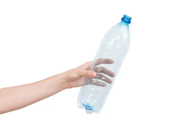 Mano Femenina Sosteniendo Botella Plástico Vacía Aislada Blanco Residuos Reciclables — Foto de Stock
