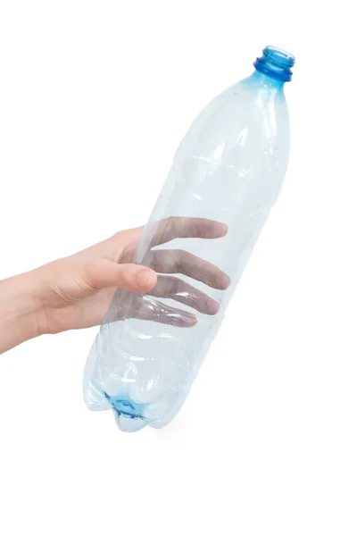 Mano Femminile Tenendo Bottiglia Plastica Vuota Isolata Bianco Rifiuti Riciclabili — Foto Stock