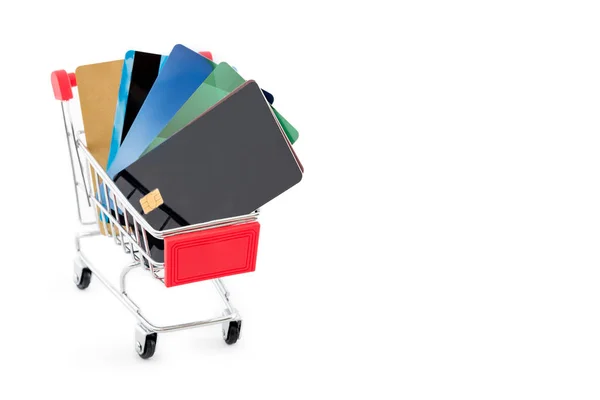 Carrito Compras Con Tarjetas Crédito Sobre Fondo Blanco Copyspace Para —  Fotos de Stock