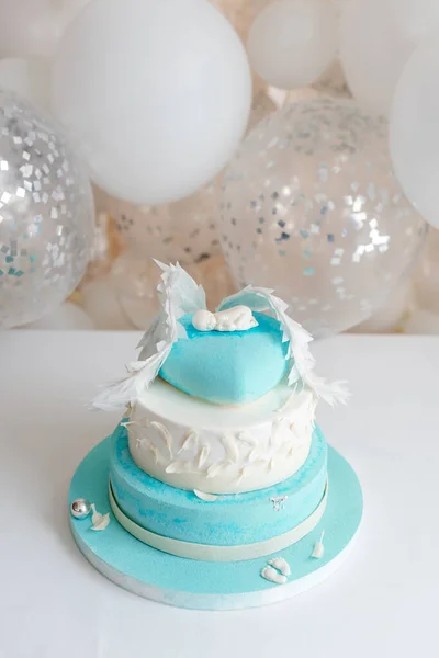 Torta Compleanno Blu Bambino Primo Bambino Decorazioni Compleanno Con Torta — Foto Stock