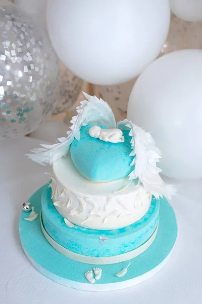 Torta Compleanno Blu Bambino Primo Bambino Decorazioni Compleanno Con Torta — Foto Stock